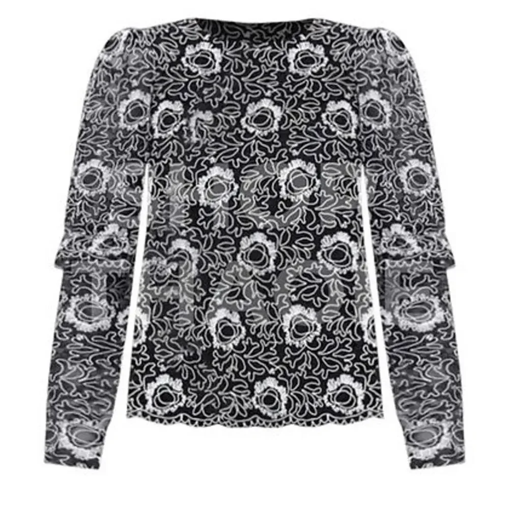 Tuckernuck Black Lace Floral Long-Sleeve Blouse with White Embroidery